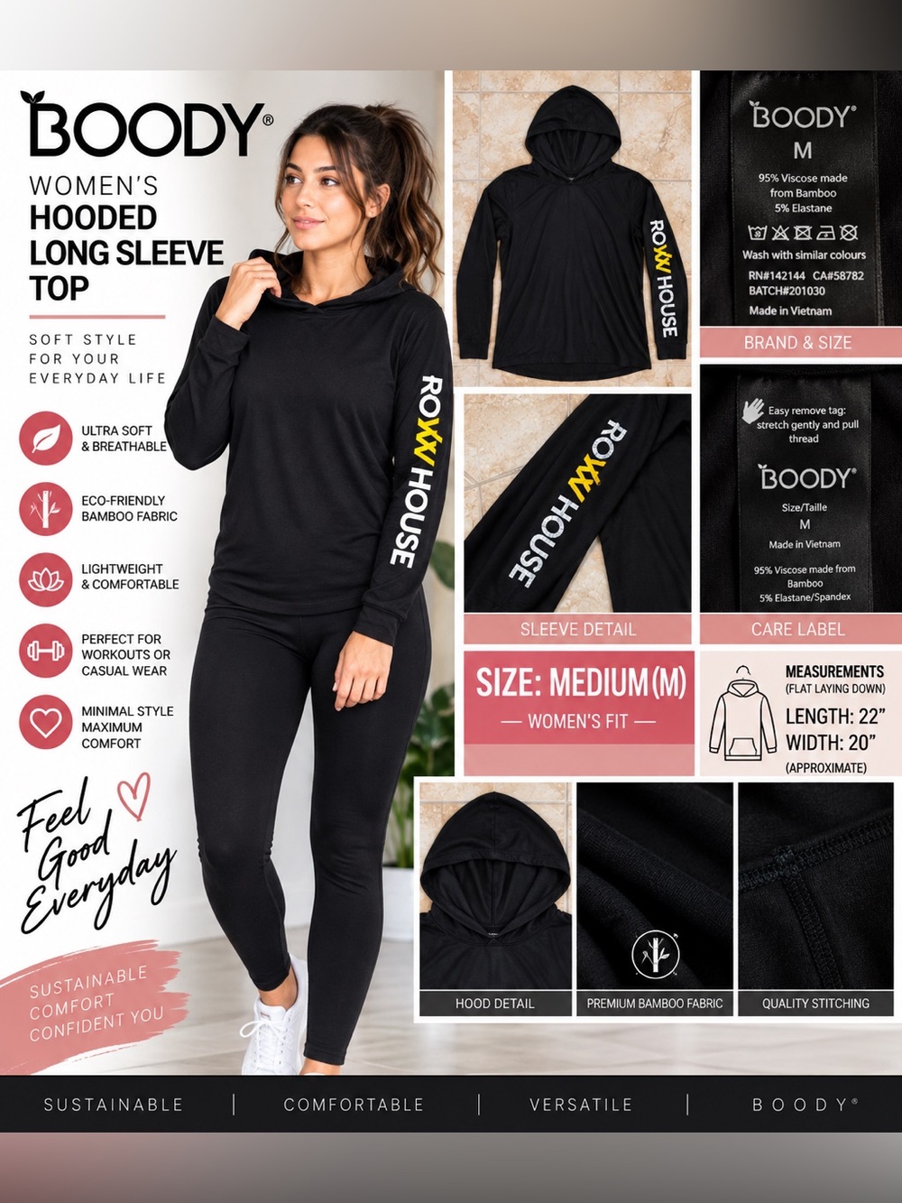 Boody Women’s Medium Black Bamboo Viscose Hooded Long Sleeve Row House Top